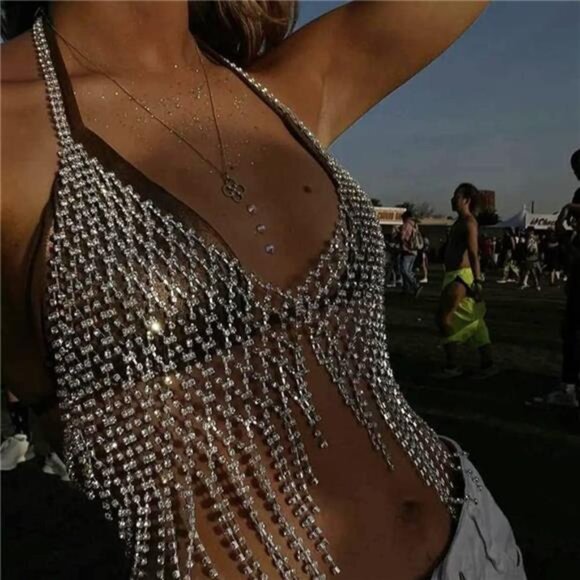 Silver Rhinestone Body Chain Bra – Handmade Crystal Tassel Mesh Festival Bikini - Picture 2 of 4